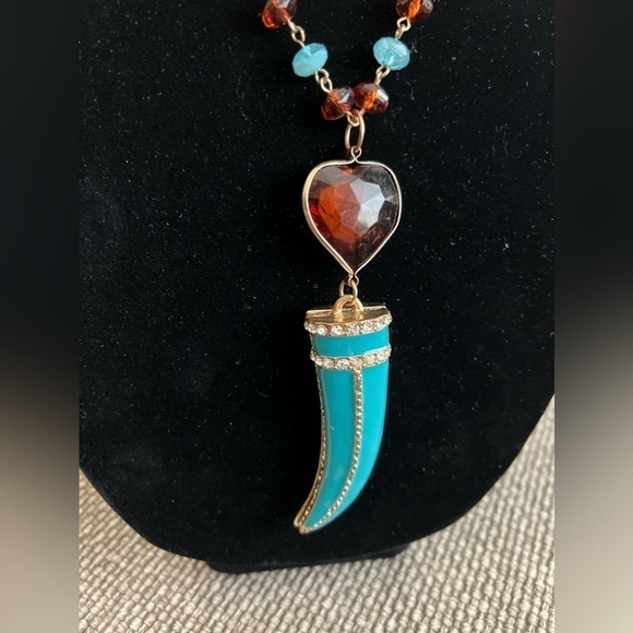 Boho enamel pendant chain necklace, turquoise&brown fashion statement,faux - Picture 4 of 9